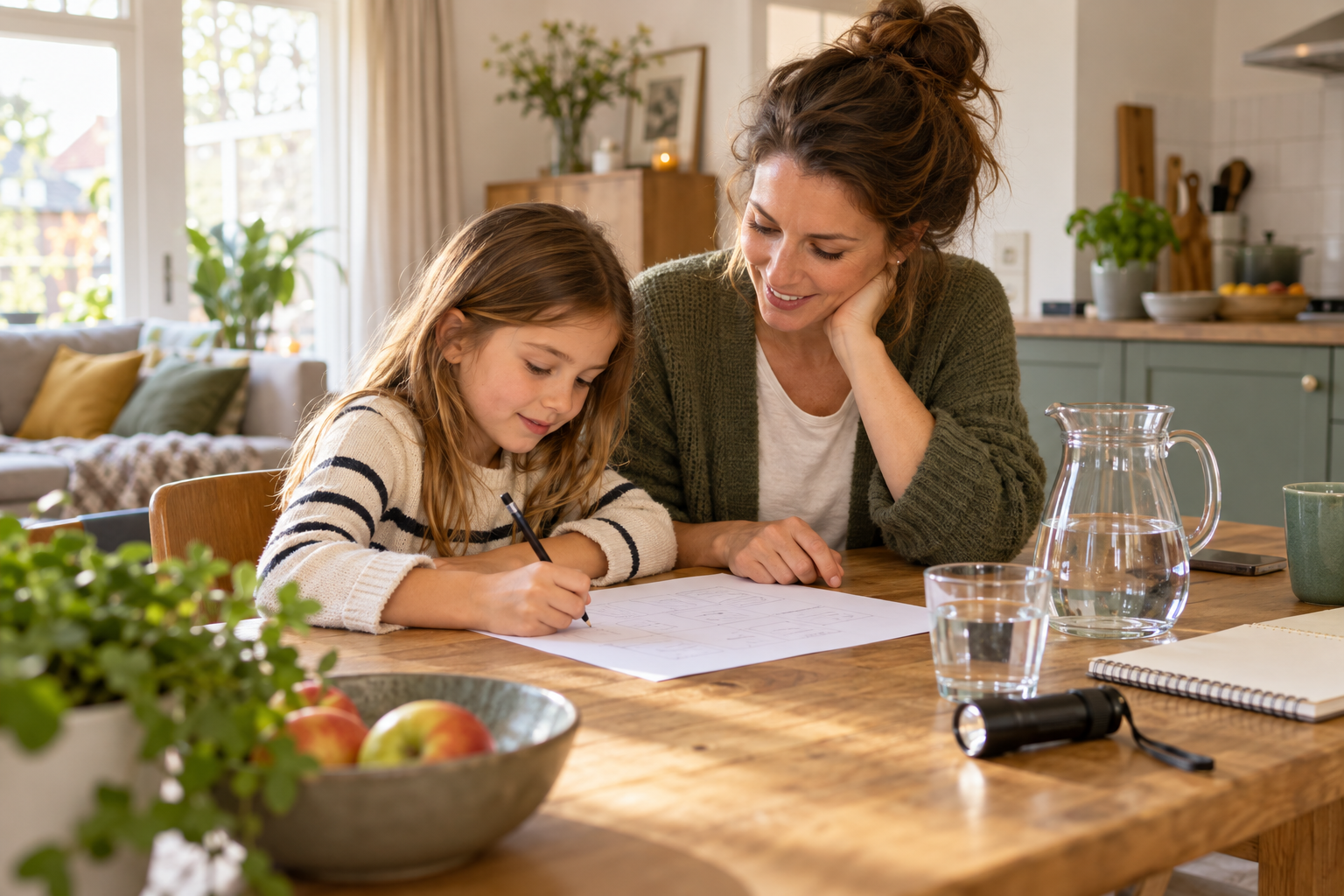 Een ouder en kind maken samen een plan aan de keukentafel