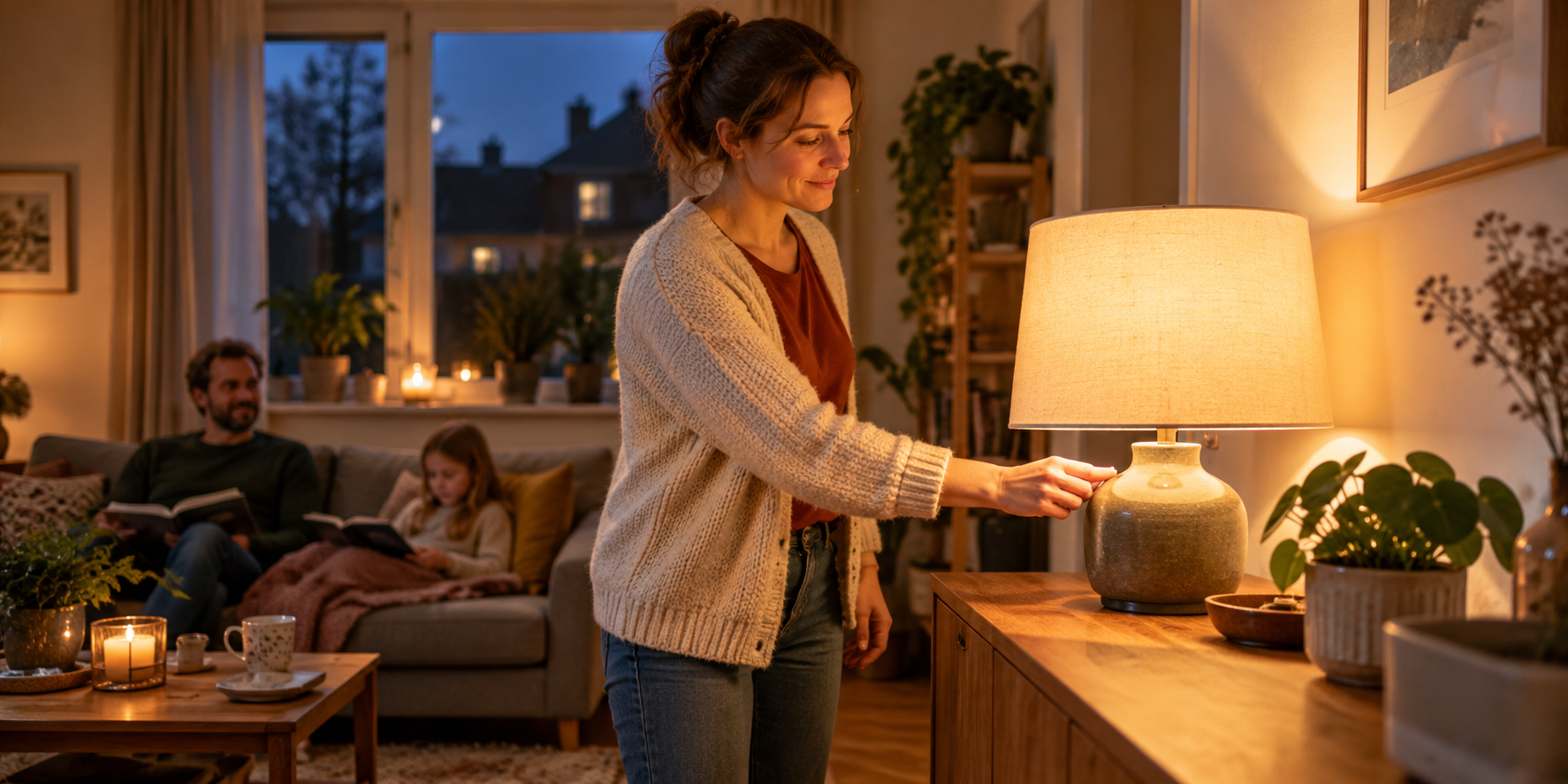 Iemand doet thuis een lamp aan